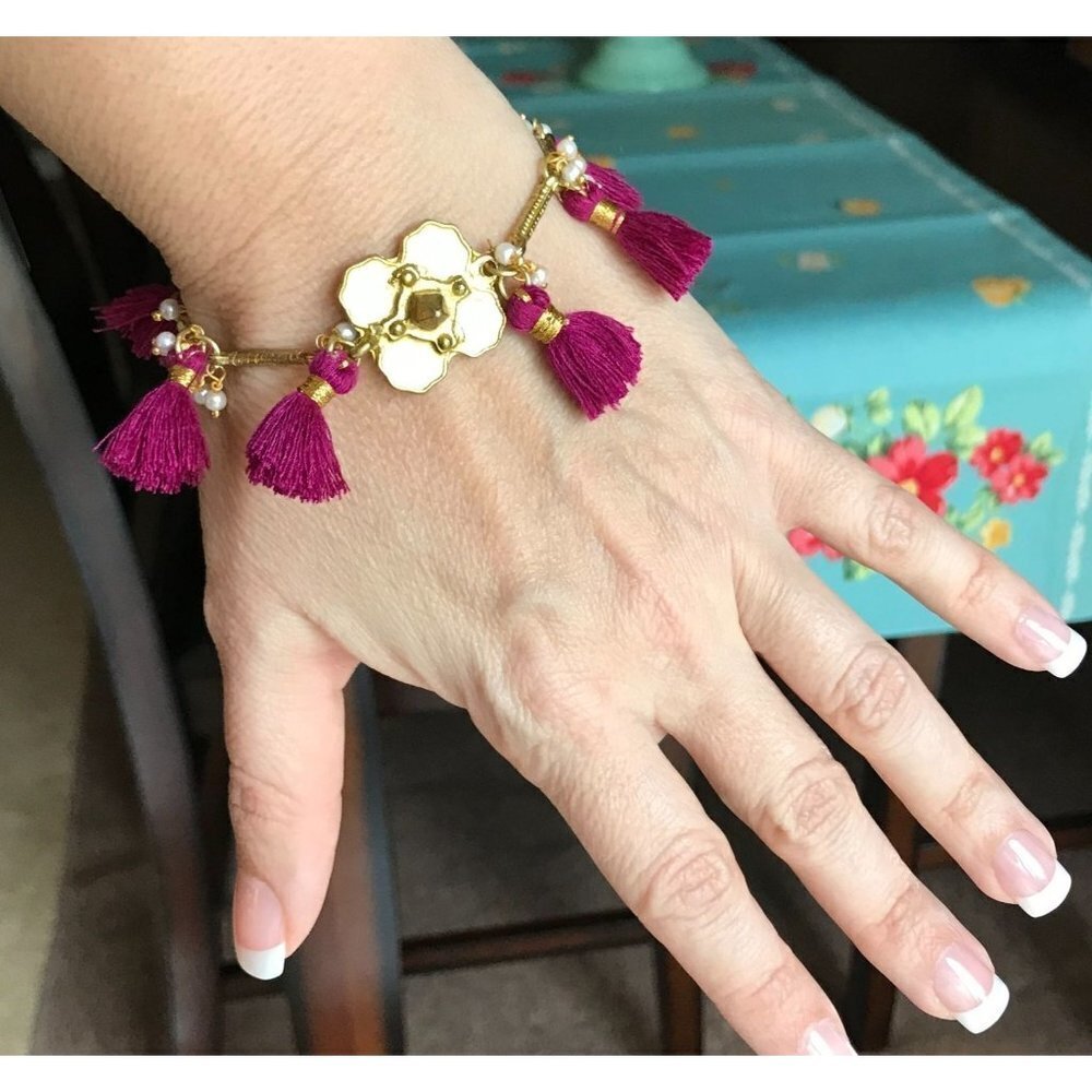 NWT Anthropologie Jewelry Freya Jewel Tone Magenta Charm Tassel Bracelet Tribal